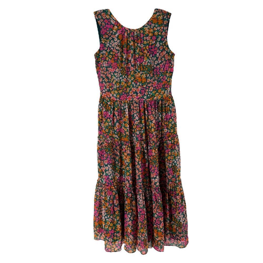 J Crew Tiered Midi Dress Micro Meadow Colorful Floral Size XXS Sleeveless Preppy